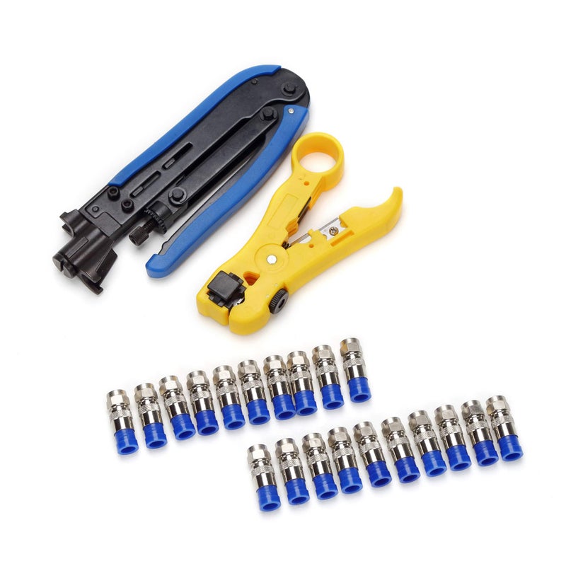 TLS.eagle Coax Cable Crimper Coaxial Compression Tool Kit Adjustable Wire Stripper with F RG6 RG59 RG11 RG7 Pack of 20 Blue - Image 1
